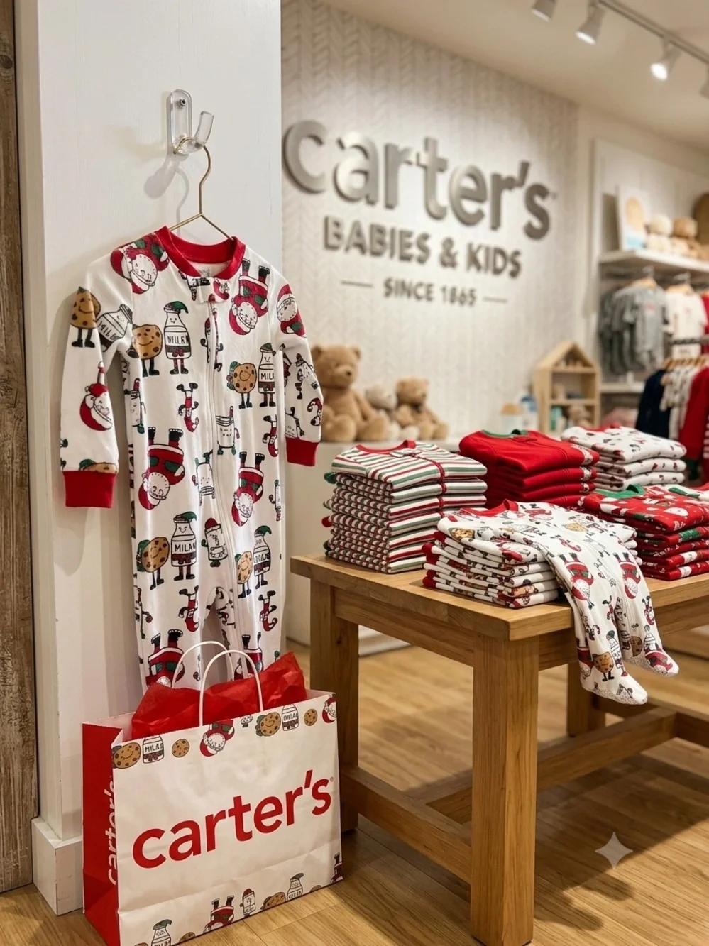 Carter's White Baby Footed Pajamas with Red & Green Holiday Print unisex